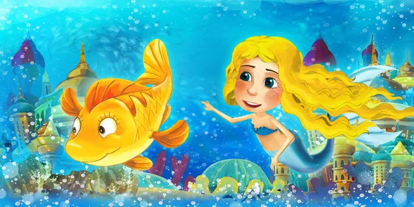 Oceano dei cartoni animati e la principessa sirena nel nuoto regno subacqueo e divertirsi con i pesci - illustrazione per bambini — Foto Stock