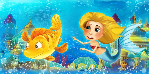 Oceano dei cartoni animati e la principessa sirena nel nuoto regno subacqueo e divertirsi con i pesci - illustrazione per bambini — Foto Stock