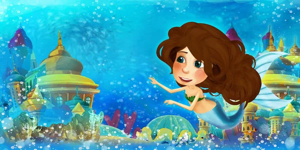 Oceano dei cartoni animati e la sirena nel regno sottomarino nuotare e divertirsi - illustrazione per bambini — Foto Stock