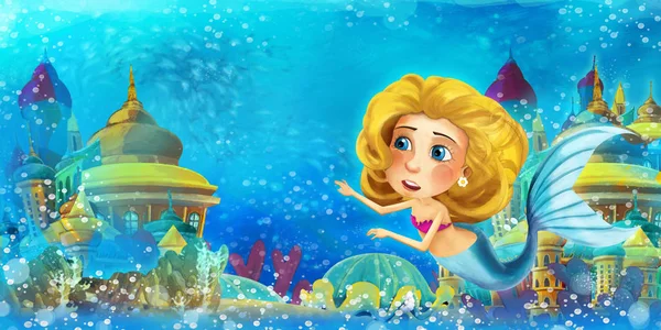 Kreslený oceán a mořská panna v podmořském království plavání a baví - ilustrace pro děti — Stock fotografie