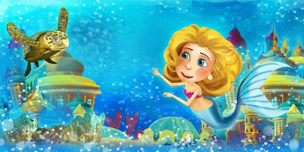 Karikatur Ozean und die Meerjungfrau im Unterwasserreich Schwimmen und Spaß haben - Illustration für Kinder — Stockfoto