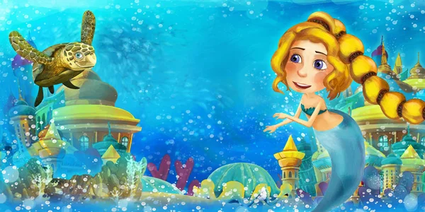 Kreslený oceán a mořská panna v podmořském království plavání a baví - ilustrace pro děti — Stock fotografie