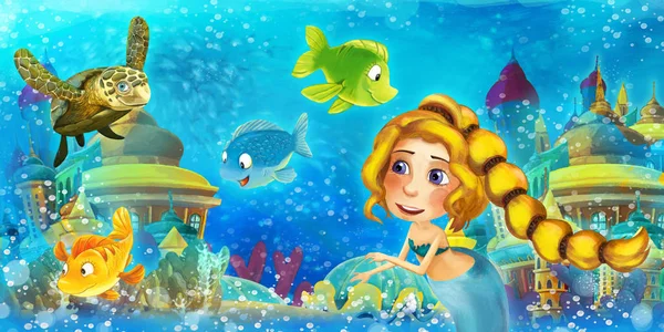 El océano de dibujos animados y la sirena en el reino submarino nadando y divirtiéndose con los peces - ilustración para los niños —  Fotos de Stock