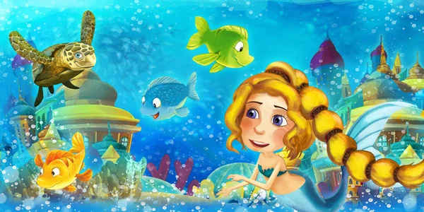 El océano de dibujos animados y la sirena en el reino submarino nadando y divirtiéndose con los peces - ilustración para los niños — Foto de Stock