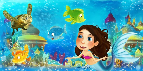 Tecknad ocean och sjöjungfrun prinsessa i undervattensriket simma och ha kul med fiskar - illustration för barn — Stockfoto