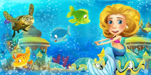 Oceano dei cartoni animati e la sirena nel regno sottomarino nuotare e divertirsi con i pesci - illustrazione per bambini — Foto Stock