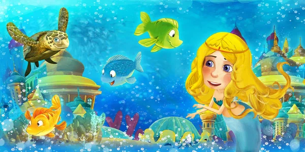 Cartoon ocean and the mermaid princess in underwater kingdom swimming and having fun with fishes - illustration for children — ストック写真