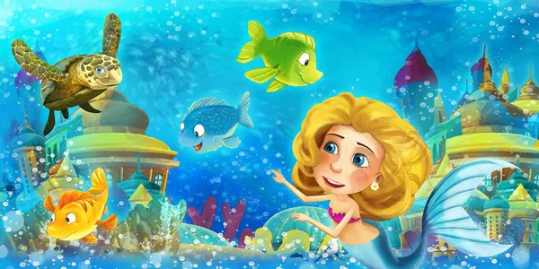 Cartoon ocean and the mermaid princess in underwater kingdom swimming and having fun with fishes - illustration for children — ストック写真