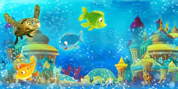Oceano dos desenhos animados e peixes engraçados nadando e se divertindo no reino subaquático - ilustração para crianças — Fotografia de Stock