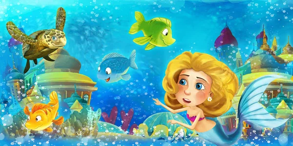 Cartoon ocean and the mermaid princess in underwater kingdom swimming and having fun with fishes - illustration for children — ストック写真