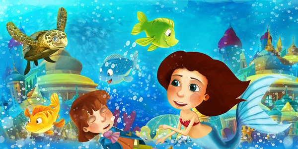 Kreslený oceán a mořská panna v podmořském království plavání a baví se s rybami při pohledu na topícího se muže prince - ilustrace pro děti — Stock fotografie