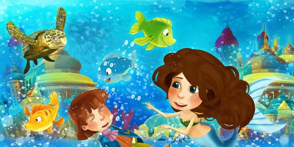 Tecknad ocean och sjöjungfrun i undervattensriket simma och ha kul med fiskar tittar på sjunkande man prins - illustration för barn — Stockfoto