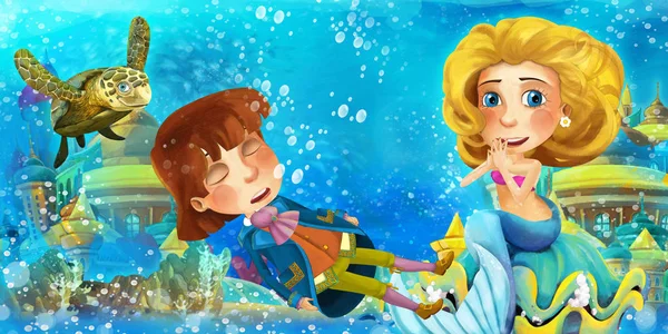 漫画の海と水中王国の水泳で人魚と溺れる男の王子を見て魚と楽しい-子供のためのイラスト — ストック写真