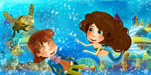 Rajzfilm óceán és a sellő a víz alatti királyságban úszás és szórakozás halakkal nézett fuldokló ember herceg - illusztráció gyerekeknek — Stock Fotó