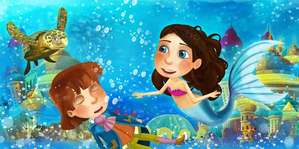 Kreslený oceán a mořská panna v podmořském království plavání a baví se s rybami při pohledu na topícího se muže prince - ilustrace pro děti — Stock fotografie