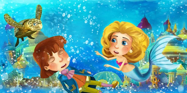 Oceano dei cartoni animati e la sirena nel regno subacqueo nuotare e divertirsi con i pesci in cerca di annegamento principe uomo - illustrazione per i bambini — Foto Stock