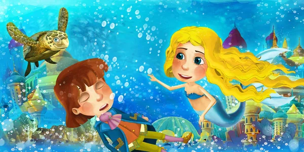 Cartoon oceaan en de zeemeermin in onderwater koninkrijk zwemmen en plezier hebben met vissen op zoek naar verdrinkende man prins - illustratie voor kinderen — Stockfoto