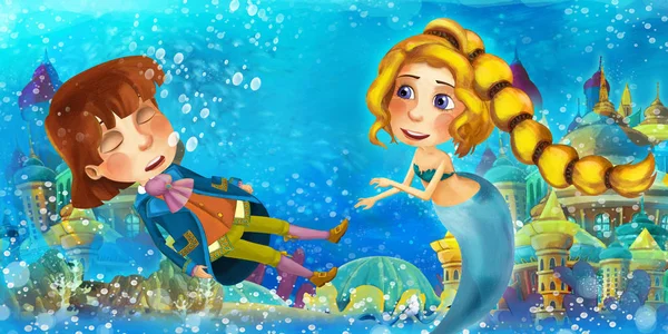 Tecknad ocean och sjöjungfrun i undervattensriket simma och ha kul med fiskar tittar på drunknande man prins - illustration för barn — Stockfoto