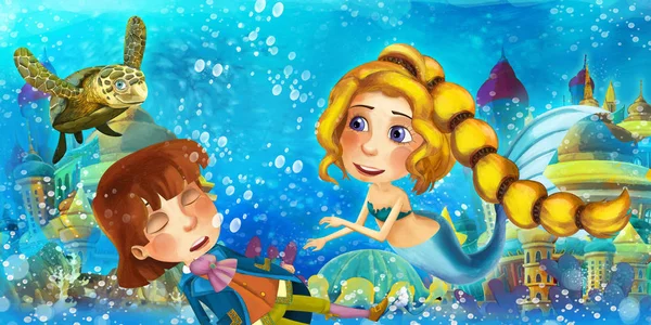 Cartoon ocean and the mermaid in underwater kingdom swimming and having fun with fishes looking on drowning man prince - illustration for children — Stock Photo, Image