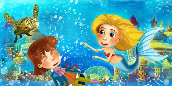 Cartoon ocean and the mermaid in underwater kingdom swimming and having fun with fishes looking on drowning man prince - illustration for children — Stock Photo, Image