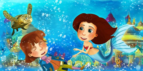 Dessin animé océan et la sirène dans le royaume sous-marin nager et s'amuser avec des poissons regardant noyade homme prince illustration pour les enfants — Photo