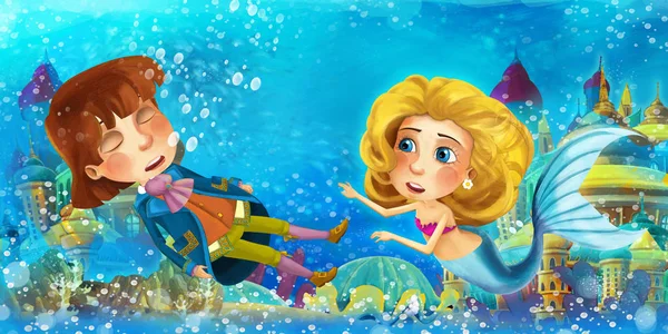 Tecknad ocean och sjöjungfrun i undervattensriket simma och ha kul med fiskar tittar på drunknande man prins - illustration för barn — Stockfoto