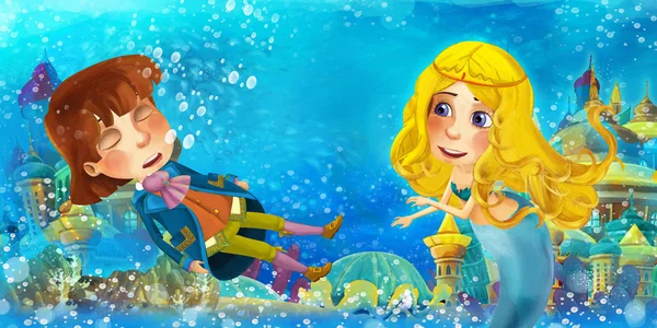 El océano de dibujos animados y la sirena en el reino submarino nadando y divirtiéndose con los peces que buscan ahogarse hombre príncipe - ilustración para niños —  Fotos de Stock