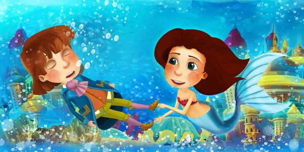 Oceano dei cartoni animati e la sirena nel regno subacqueo nuotare e divertirsi con i pesci in cerca di annegamento principe uomo - illustrazione per i bambini — Foto Stock