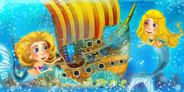 Cartoon oceaan scène en de zeemeermin prinses in onderwater koninkrijk zwemmen en plezier hebben in de buurt van de verzonken piraat schip - illustratie voor kinderen — Stockfoto