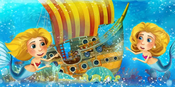 Dessin animé scène de l'océan et la princesse sirène dans le royaume sous-marin nager et s'amuser près du bateau pirate coulé illustration pour les enfants — Photo