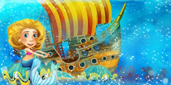 Cartoon ocean scena i syrena księżniczka w podwodnym królestwie pływanie i zabawy w pobliżu zatopionego statku piratów - ilustracja dla dzieci — Zdjęcie stockowe