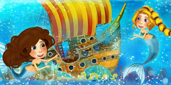 Escena del océano de dibujos animados y la princesa sirena en el reino submarino nadando y divirtiéndose cerca del barco pirata hundido - ilustración para niños — Foto de Stock