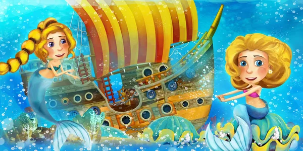 Мультфильм океанская сцена и русалка в подводном королевстве, плавающая и развлекающаяся возле затонувшего пиратского корабля - иллюстрация для детей — стоковое фото