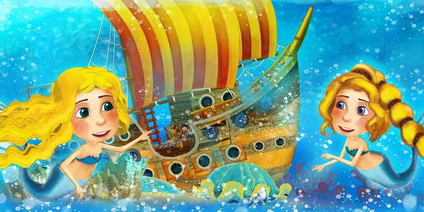 Cartoon ocean scena i syrena księżniczka w podwodnym królestwie pływanie i zabawy w pobliżu zatopionego statku piratów - ilustracja dla dzieci — Zdjęcie stockowe