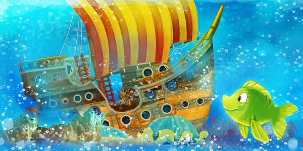 Zeichentrick-Ozeanszene und die Meerjungfrau-Prinzessin im Unterwasserreich beim Schwimmen und Spaß haben in der Nähe des versunkenen Piratenschiffes - Illustration für Kinder — Stockfoto