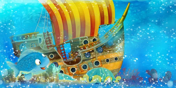 Zeichentrick-Ozeanszene und die Meerjungfrau-Prinzessin im Unterwasserreich beim Schwimmen und Spaß haben in der Nähe des versunkenen Piratenschiffes - Illustration für Kinder — Stockfoto