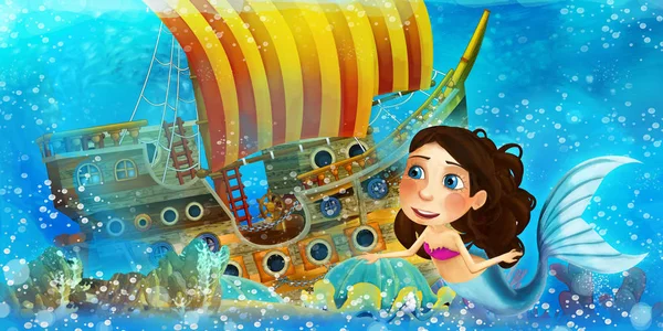 Cena do oceano dos desenhos animados e a princesa sereia no reino subaquático nadando e se divertindo perto do navio pirata afundado ilustração para crianças — Fotografia de Stock