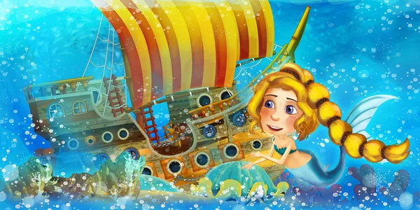 Cartoon ocean scene and the mermaid princess in underwater kingdom swimming and having fun near the sunken pirate ship - illustration for children — Stock Photo, Image