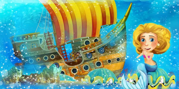 Dessin animé scène de l'océan et la princesse sirène dans le royaume sous-marin nager et s'amuser près du bateau pirate coulé illustration pour les enfants — Photo