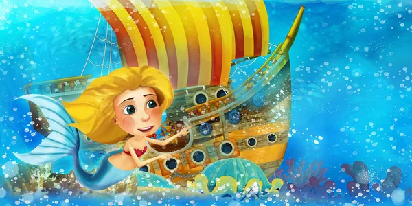 Escena del océano de dibujos animados y la princesa sirena en el reino submarino nadando y divirtiéndose cerca del barco pirata hundido - ilustración para niños — Foto de Stock