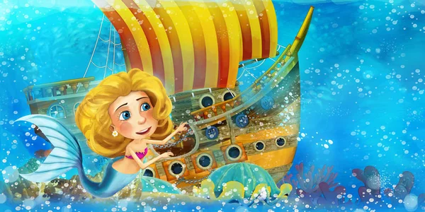 Escena del océano de dibujos animados y la princesa sirena en el reino submarino nadando y divirtiéndose cerca del barco pirata hundido - ilustración para niños — Foto de Stock