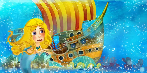 Escena del océano de dibujos animados y la princesa sirena en el reino submarino nadando y divirtiéndose cerca del barco pirata hundido - ilustración para niños — Foto de Stock