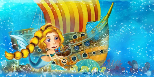 Мультфильм океанская сцена и русалка в подводном королевстве, плавающая и развлекающаяся возле затонувшего пиратского корабля - иллюстрация для детей — стоковое фото