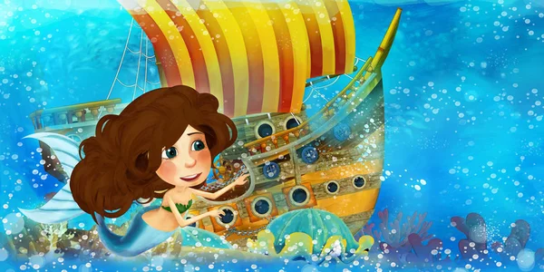 Escena del océano de dibujos animados y la princesa sirena en el reino submarino nadando y divirtiéndose cerca del barco pirata hundido - ilustración para niños — Foto de Stock