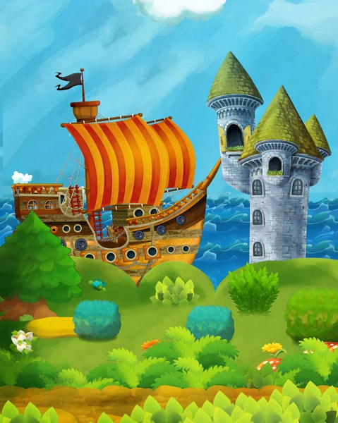 Kreslená lesní scéna s princem a princeznou stojící na stezce v blízkosti lesa a mořského pobřeží a pirátská loď je zakotven skryté a hradní věž - ilustrace pro děti — Stock fotografie