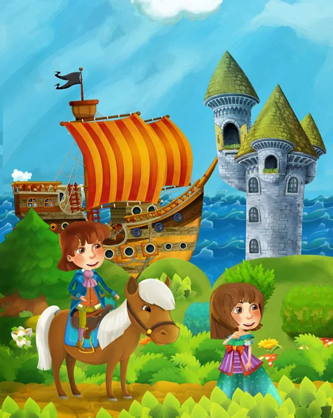 Escena del bosque de dibujos animados con príncipe y princesa de pie en el camino cerca del bosque y la orilla del mar y barco pirata está atracado torre escondida y castillo - ilustración para los niños — Foto de Stock