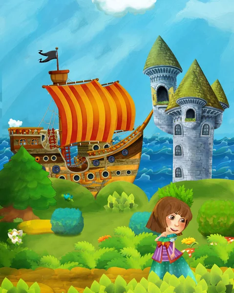 Escena del bosque de dibujos animados con príncipe y princesa de pie en el camino cerca del bosque y la orilla del mar y barco pirata está atracado torre escondida y castillo - ilustración para los niños —  Fotos de Stock