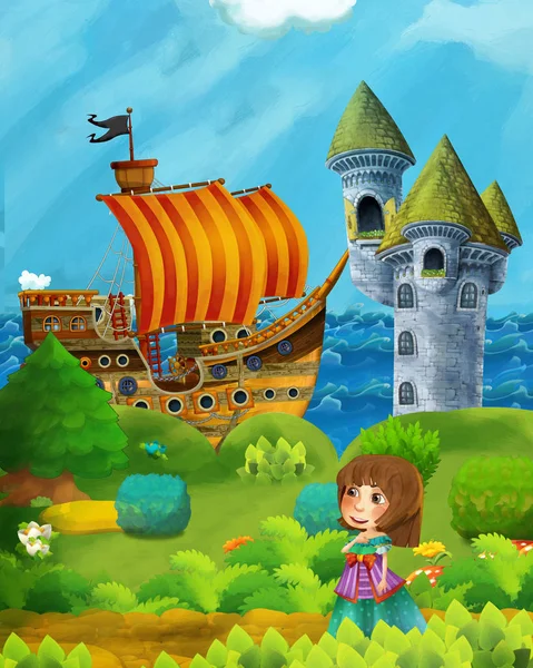 Escena del bosque de dibujos animados con príncipe y princesa de pie en el camino cerca del bosque y la orilla del mar y barco pirata está atracado torre escondida y castillo - ilustración para los niños —  Fotos de Stock