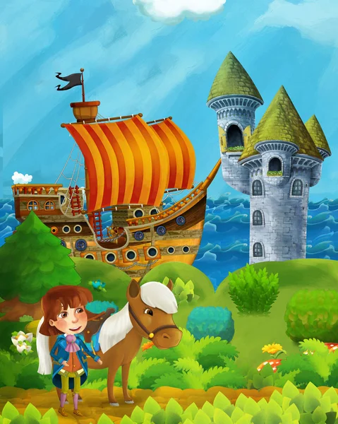 Escena del bosque de dibujos animados con príncipe y princesa de pie en el camino cerca del bosque y la orilla del mar y barco pirata está atracado torre escondida y castillo - ilustración para los niños — Foto de Stock