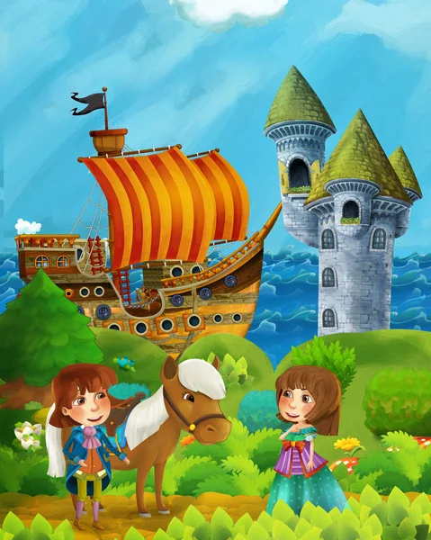 Cartoon forest scene with prince and princess standing on path near the forest and sea shore and pirate ship is docked hidden and castle tower - illustration for children — 스톡 사진